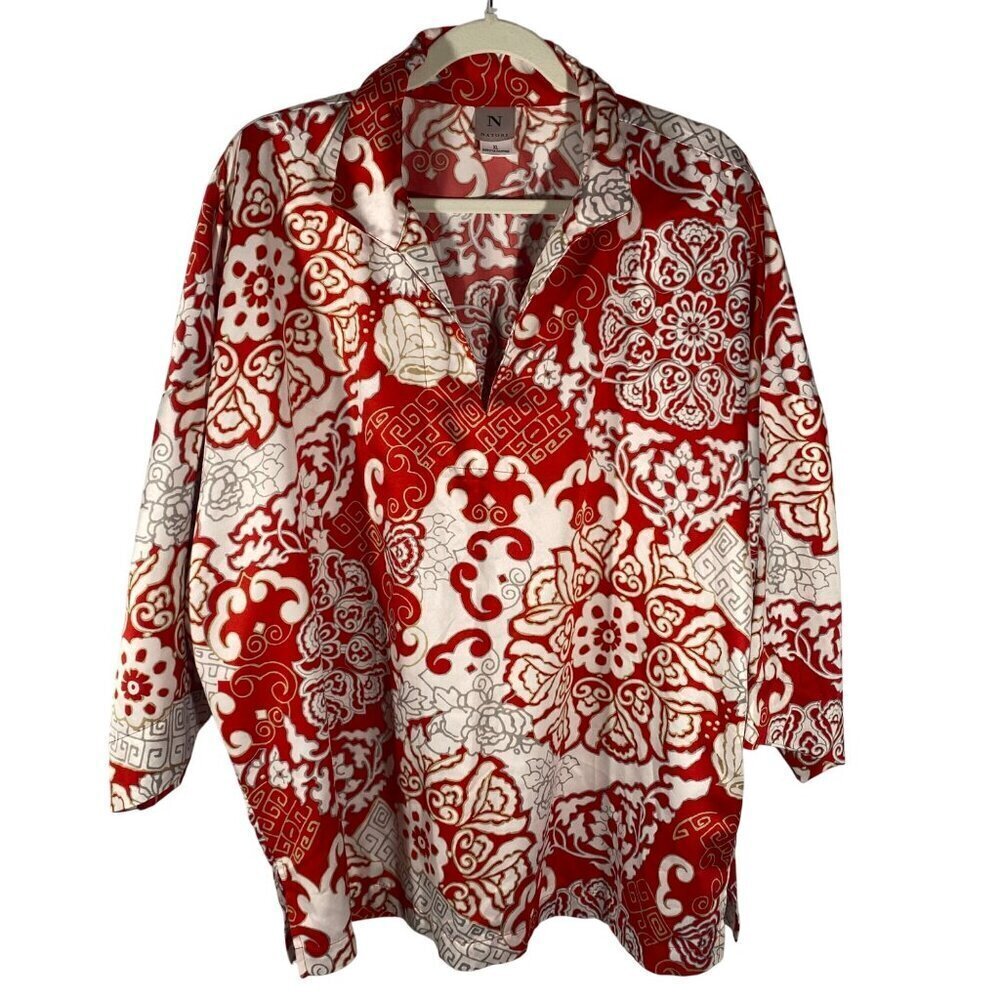 Natori Womens Red & White Floral Blouse XL Polyester lightweight boho long line